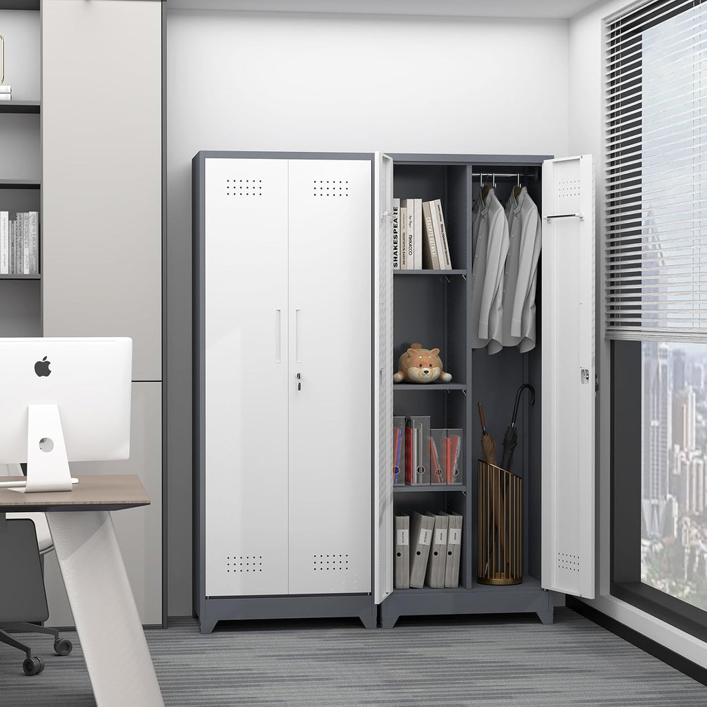 Metal Storage Cabinet with Lockable Doors, 65' Steel Utility Cabinet for Garage & Home Office, Tall Broom Closet with Adjustable Shelves, Vents & Cable Hole for Tools, White/Grey
