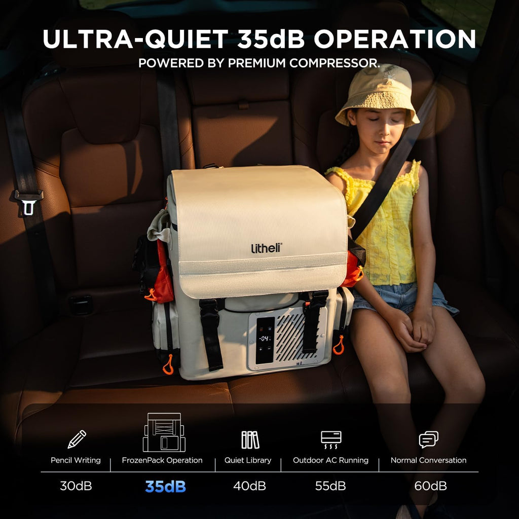 LiTHELi Frozen Pack 12V Car Refrigerator & Portable Electric Cooler, 20L/21QT with 2 U20 Batteries, -4~68℉ Travel Fridge Freezer for Camping, Road Trips, RV, Boat & Beach (Backpack Design)