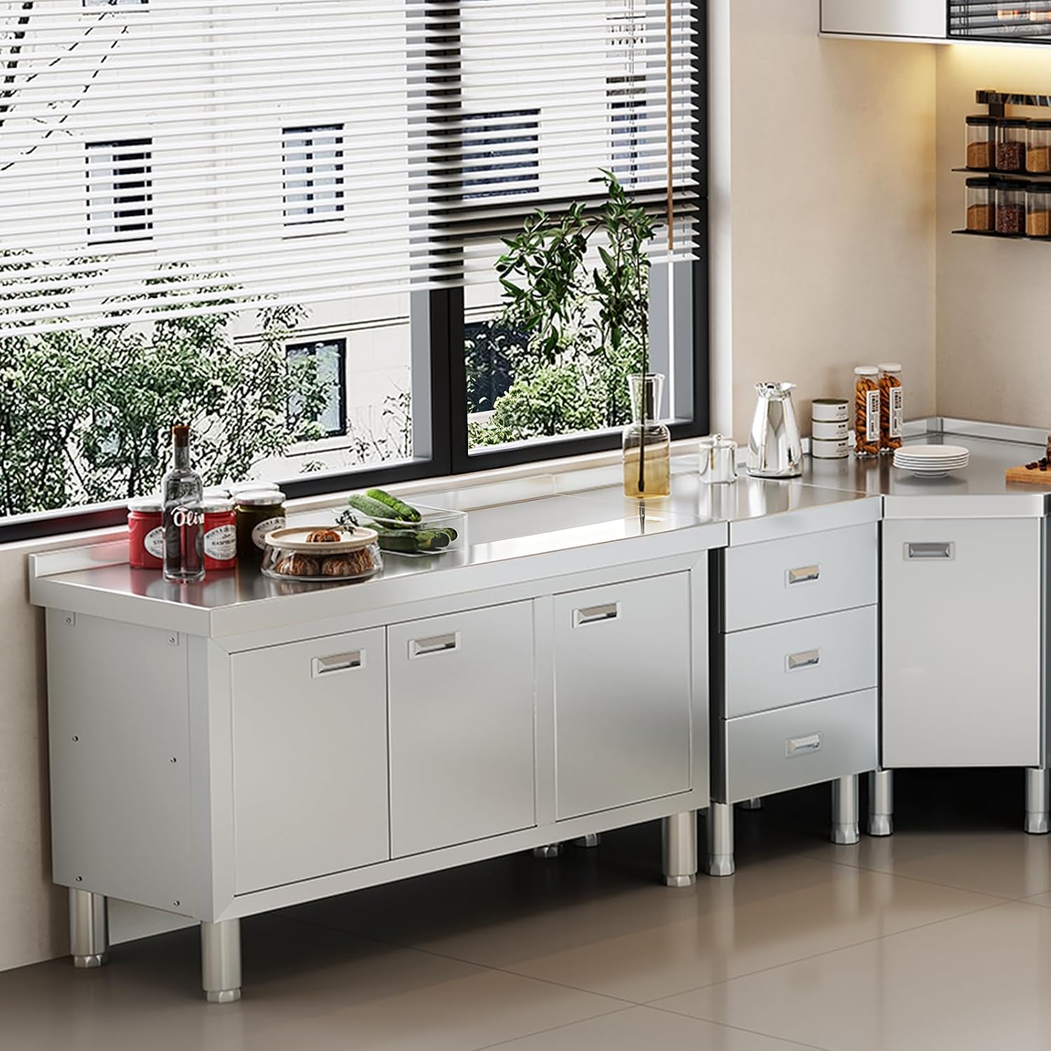 WWK 47' x 21' Stainless Steel Prep Table with Cabinet, Commercial Kitchen Table for Prep & Work, Heavy Duty Work Table with 3 Doors for Kitchen, Restaurant, Hotel, Garage and Cafe