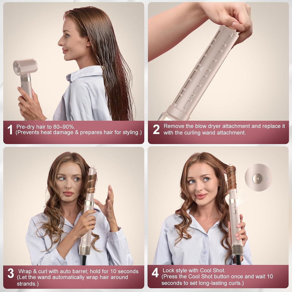 StyleVibe 6-in-1 Air Styler, Hair Dryer & Blow Dryer Brush with Auto Wrap Curl L/R, Fast Drying, Smooth Blowouts, Root-Lift Volume, No Heat Damage Frizz-Free Thermal Brush with Travel Bag