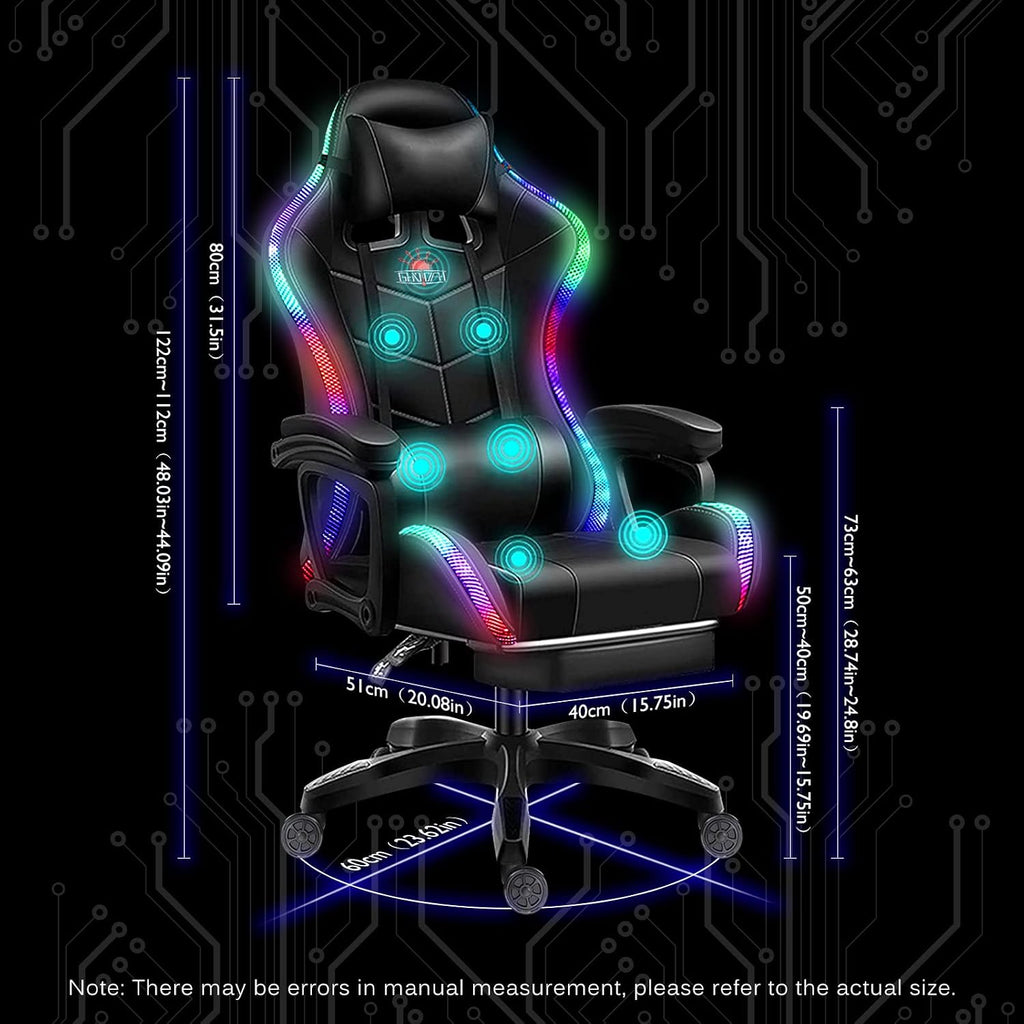 Gaming Chair with LED Light, Ergonomic Chair with Massage and Bluetooth Speaker, Executive Office Chair with Footrest, 360° Rotation,90-135° Adjustable,Suitable for Office, Bedroom, Gaming