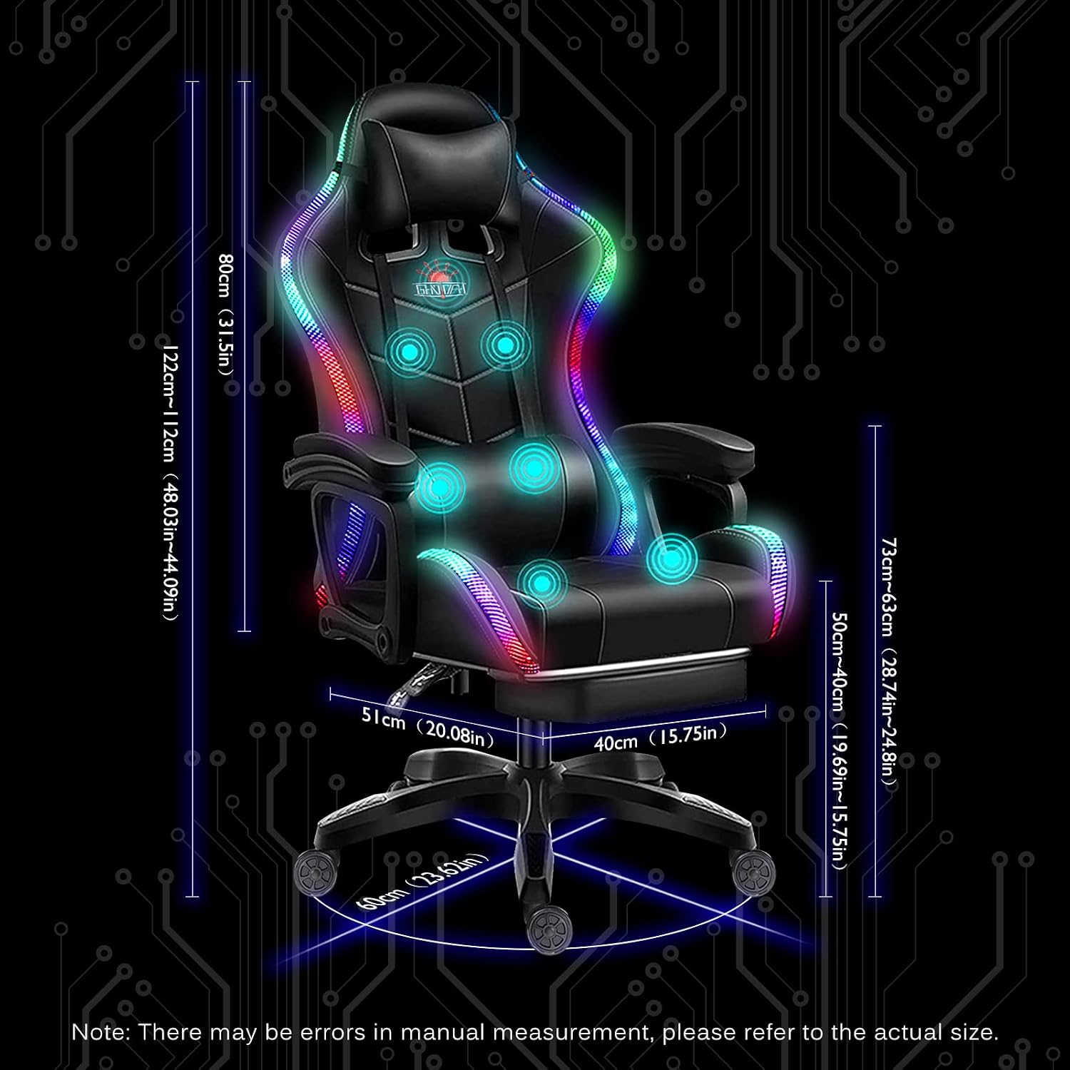 Gaming Chair with LED Light, Ergonomic Chair with Massage and Bluetooth Speaker, Executive Office Chair with Footrest, 360° Rotation,90-135° Adjustable,Suitable for Office, Bedroom, Gaming