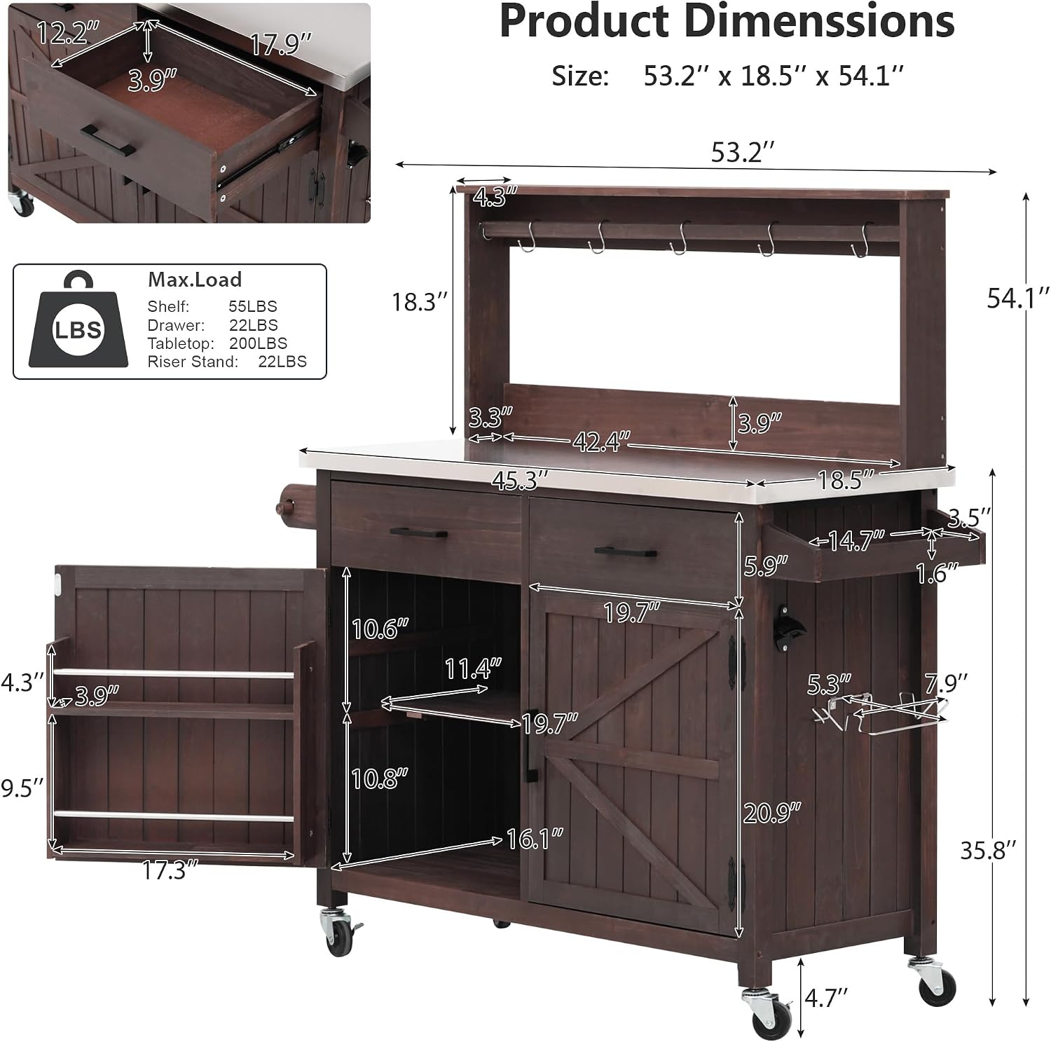 LUMISOL Outdoor Grill Cart with Stainless Steel Top, Solid Wood Kitchen Island with Lockable Wheels & High Shelf, Large Outdoor Potting Bench Table with Storage Cabinet & Towel Rack, Brown