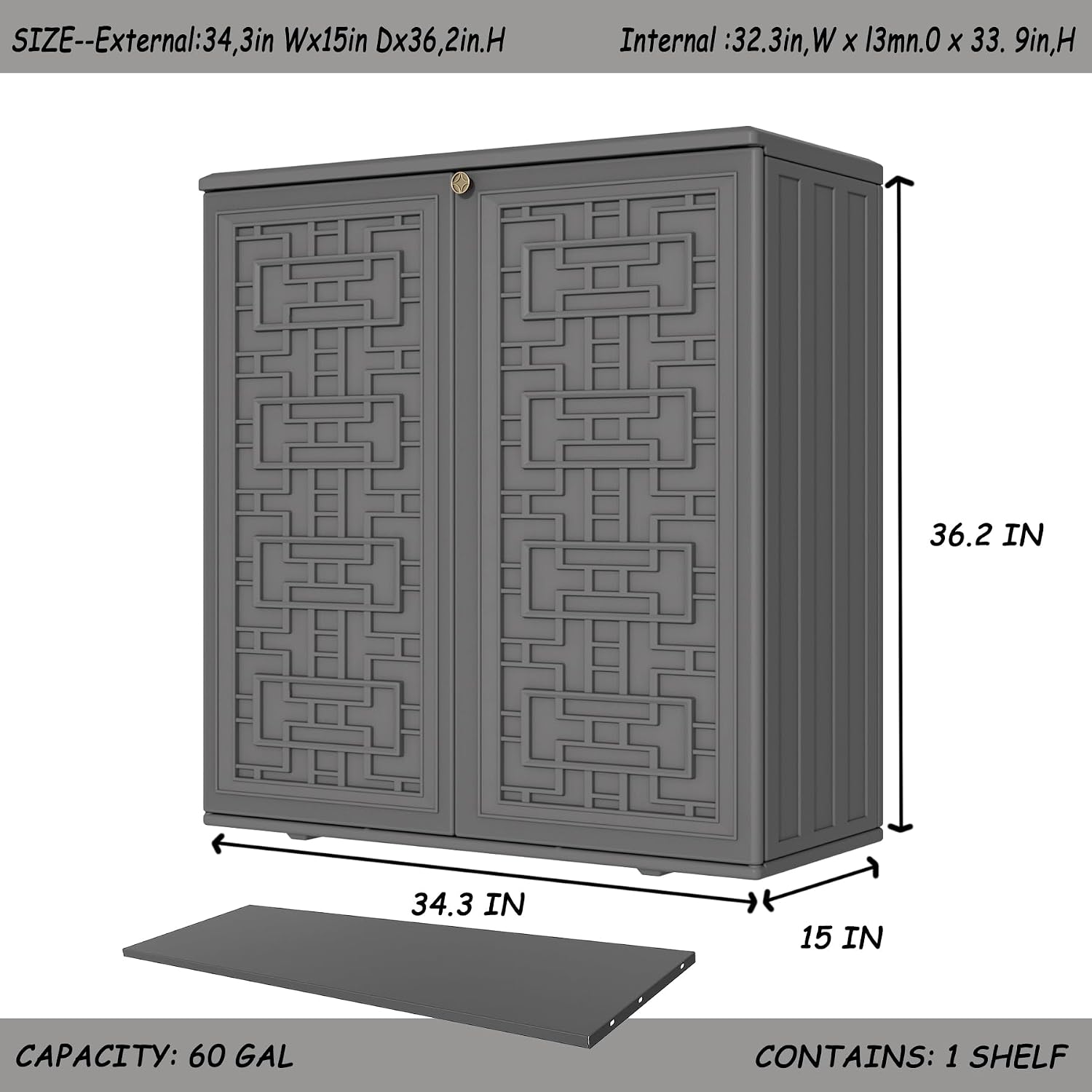 Mrosaa Storage Box Outdoor Caninet,Resin Indoor Storage Box Waterproof Outdoor Storage Cabinets for Patio/Garden/Backyard, Size 34.3''L*15''W*36.2''H(Grey)