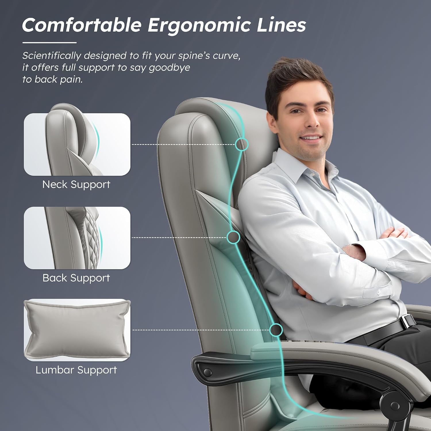 DurayLoly Big and Tall Office Chair 400lbs - Executive Ergonomic Desk Chair with Footrest, High Back Reclining Leather Chair with Lumbar Support for Home Office,Light Grey