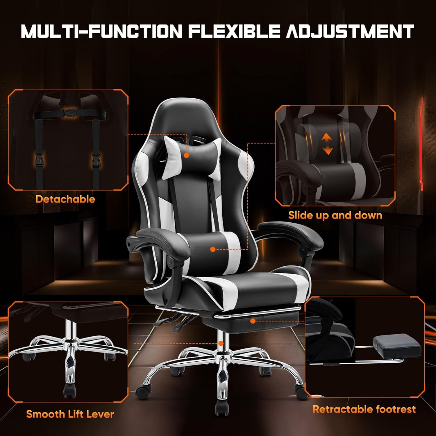Heavy Duty Gaming Chair, Ergonomic Gamer Chair for Home Office with Footrest, Lumbar Support, Adjustable Backrest, Stable 360° Swivel Wheels for Adults, Professional Gamers and Teens, White