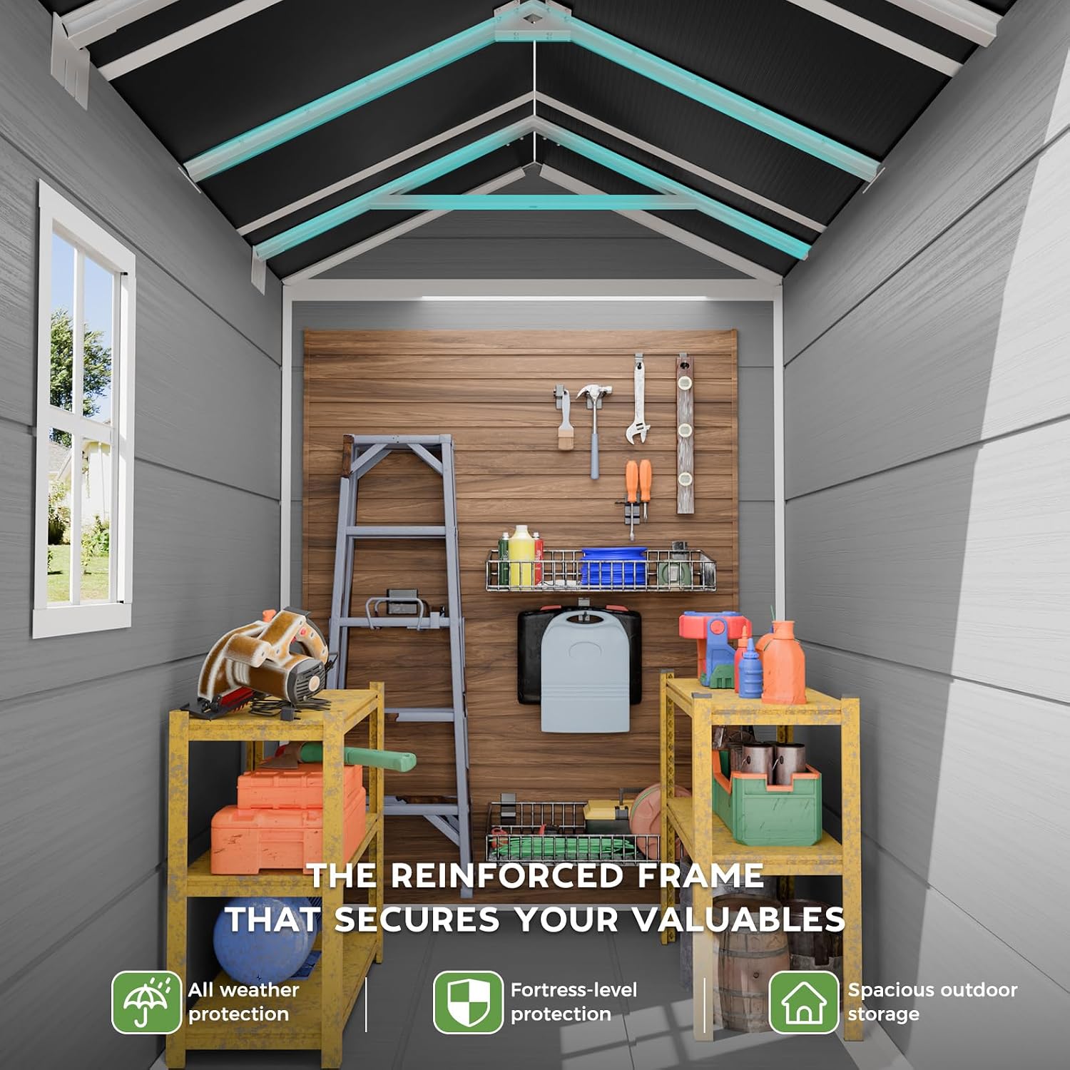 4x6 FT Outdoor Resin Storage Shed with Floor, Upgraded 21-Gauge Steel Frame & 16mm Ultra-Thick Double-Layer Panels, Compact Garden Tool House with Flexible Window & Lockable Door for Patio, Backyard