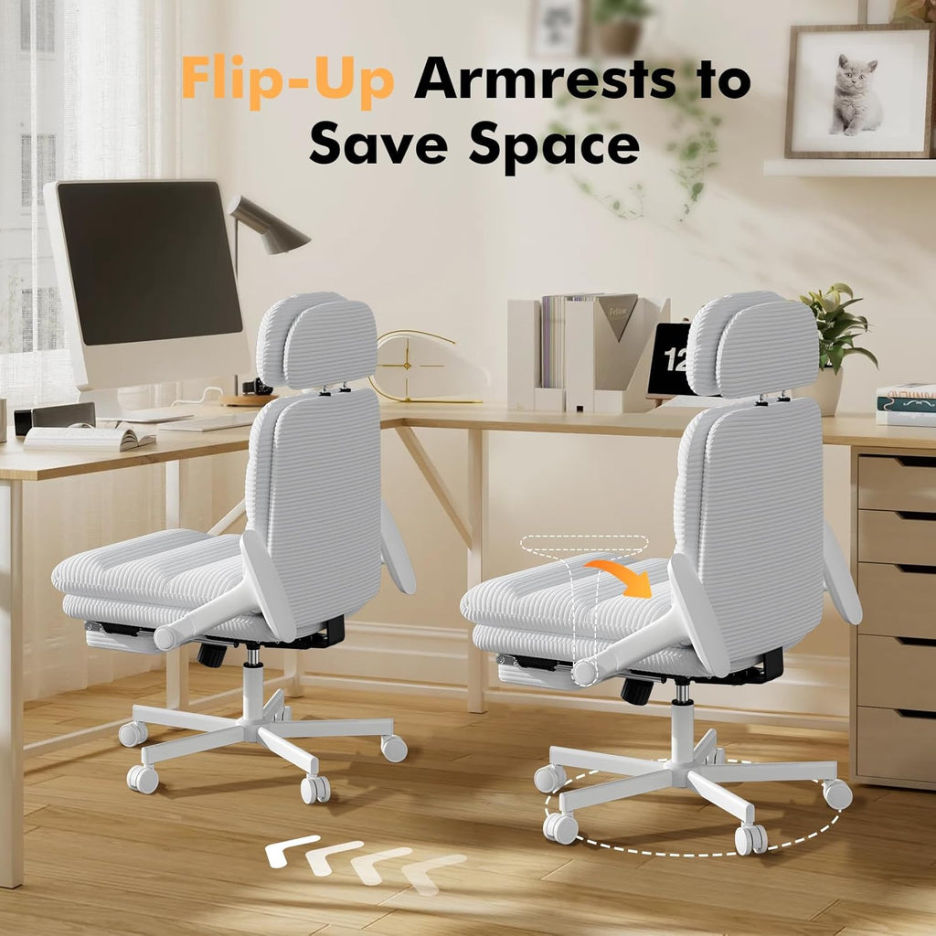 GXJ Criss Cross Chair with Flip-up Arms, Executive Office Chair with Foot Rest, Cross Legged Office Chair G800 Plus, Extra Lumbar Pillow, Corduroy Comfy Computer Desk Chair for Home, White