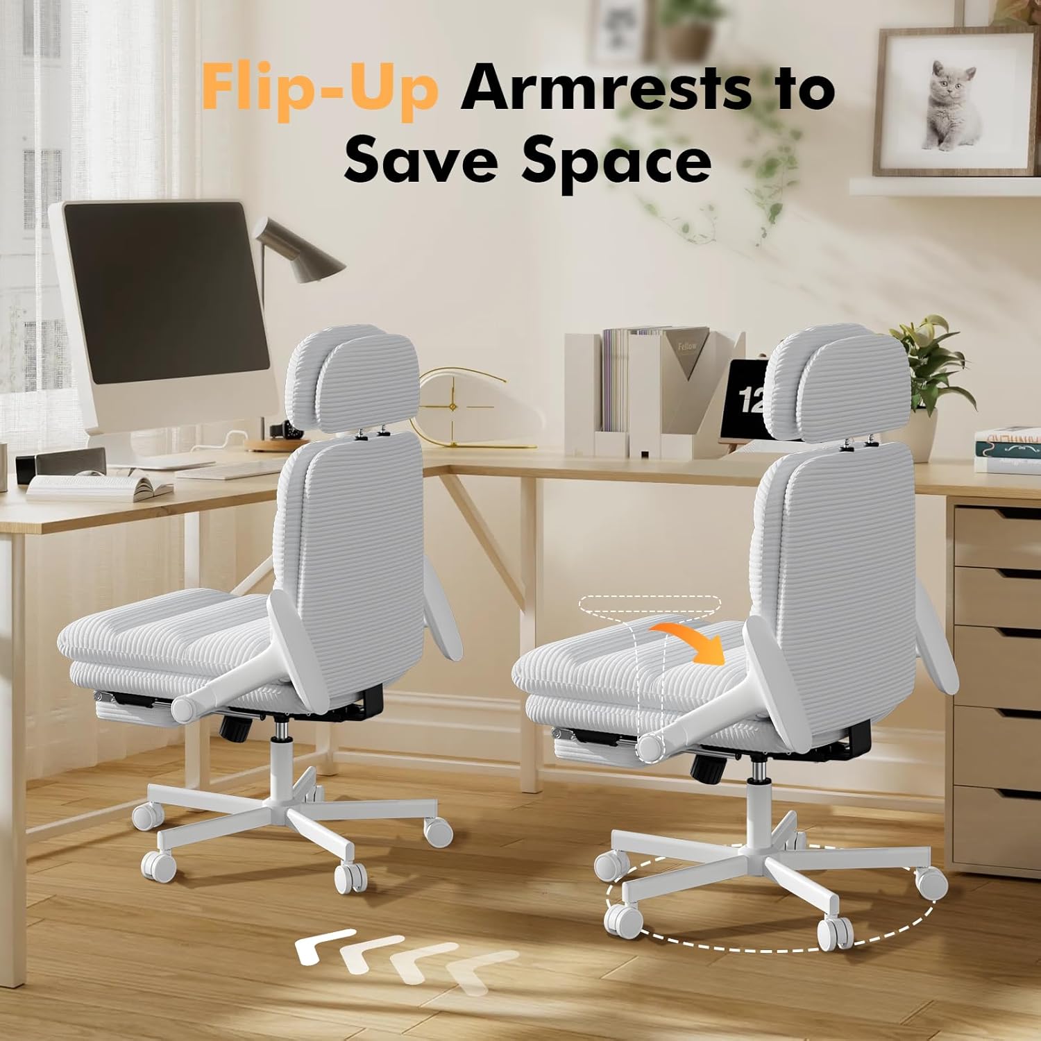 GXJ Criss Cross Chair with Flip-up Arms, Executive Office Chair with Foot Rest, Cross Legged Office Chair G800 Plus, Extra Lumbar Pillow, Corduroy Comfy Computer Desk Chair for Home, White