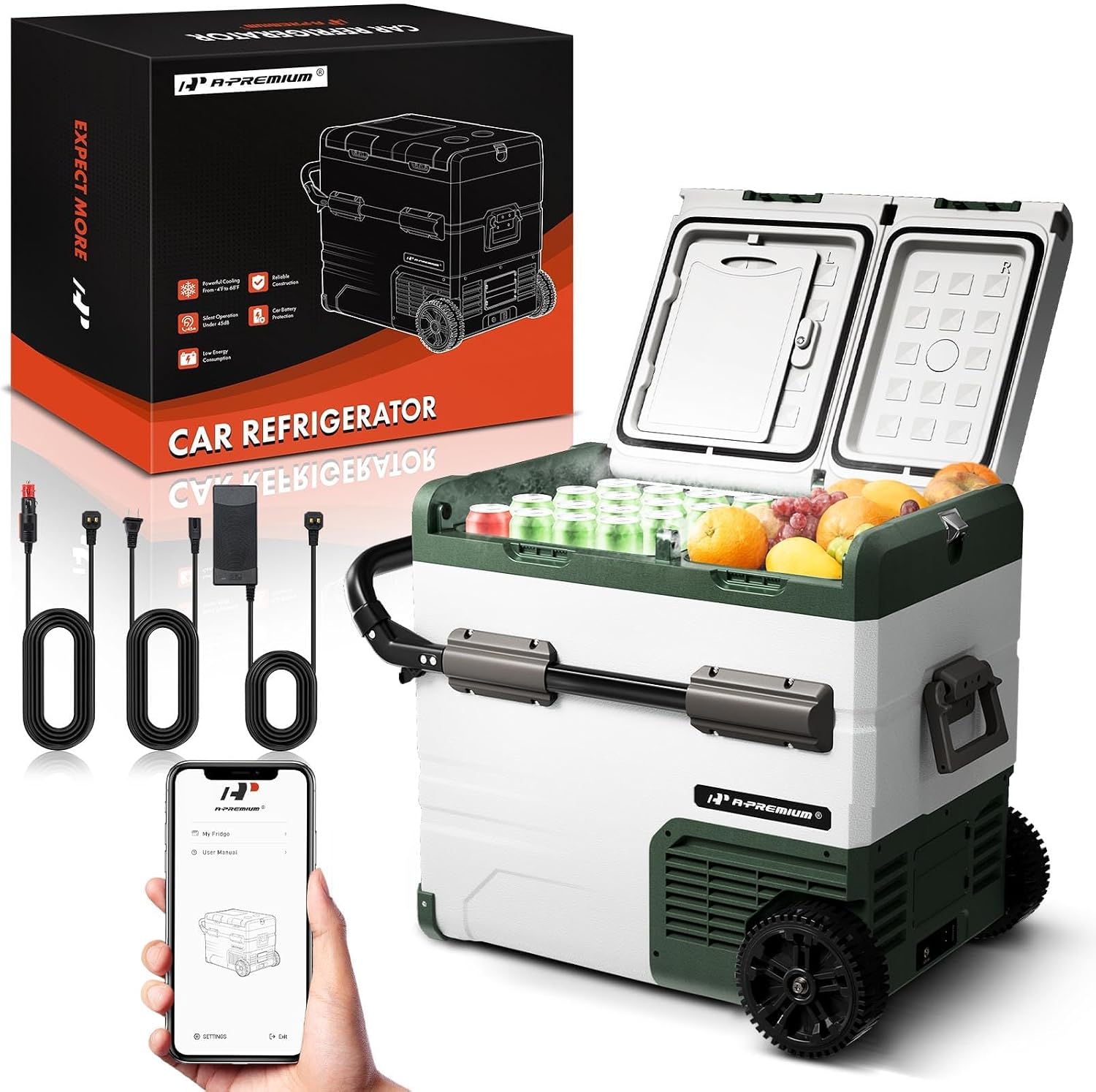 A-Premium 12 Volt Refrigerator 57QT/54.2L Portable Car Fridge Cooler, -4°F~68°F Separated Zone Portable Freezer APP Control with 12/24V DC & 110/240V AC Adapter,for Travel Car Camping Truck Roadtrips