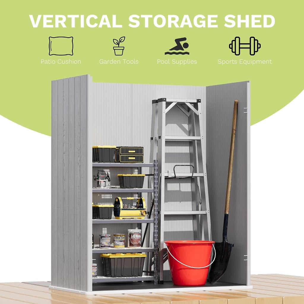 Devoko 5x3 FT Plastic Storage Shed with Floor, Small Resin Vertical Outdoor Storage Cabinet with Lockable Door, Waterproof Tool Garden Shed for Patio Lawn Backyard, Light Gray