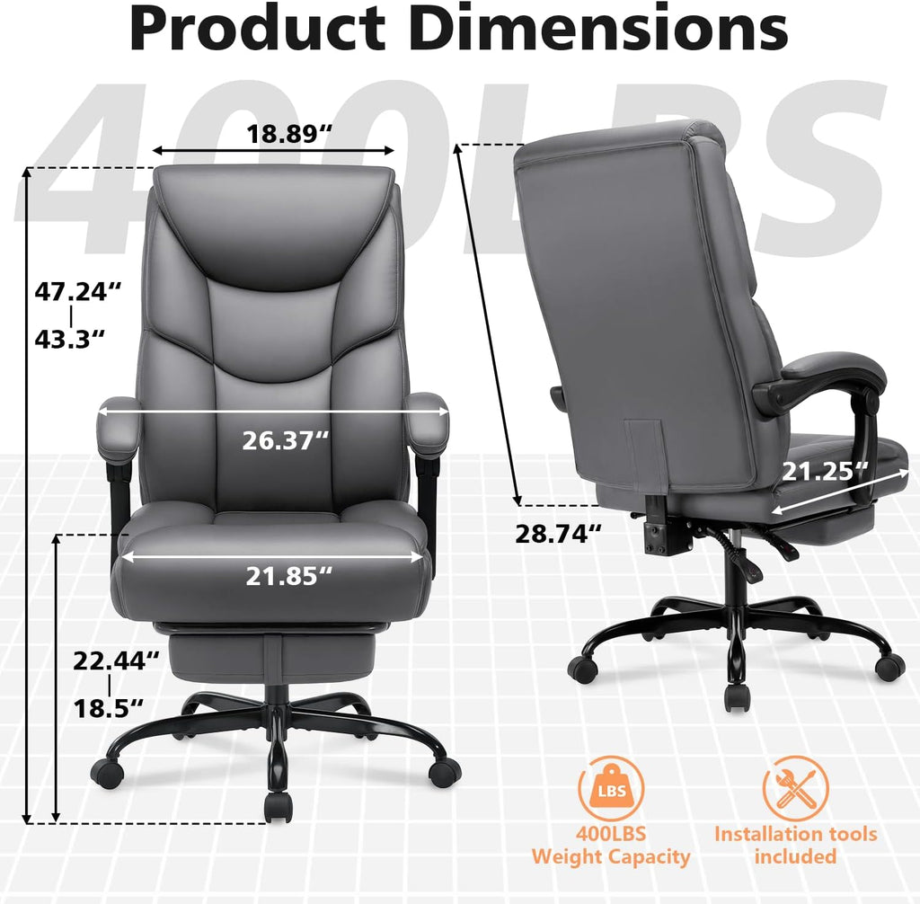 WAILOR 400lbs Office Chair with Foot Rest, Reclining Big and Tall Office Chair with Lumbar Support, High Back PU Leather Computer Chair,Comfy Desk Chair for Home Office (Gray)