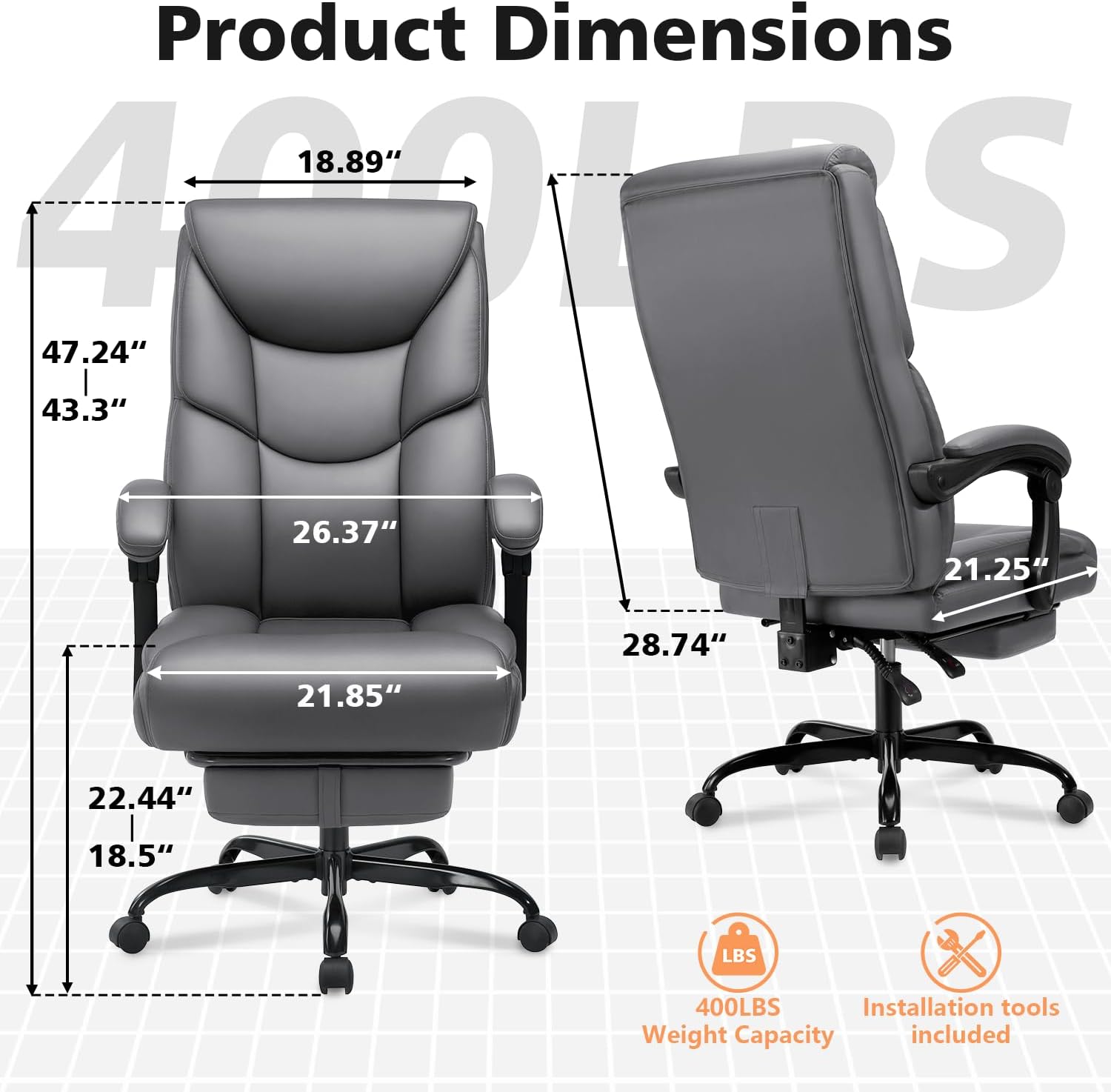 WAILOR 400lbs Office Chair with Foot Rest, Reclining Big and Tall Office Chair with Lumbar Support, High Back PU Leather Computer Chair,Comfy Desk Chair for Home Office (Gray)