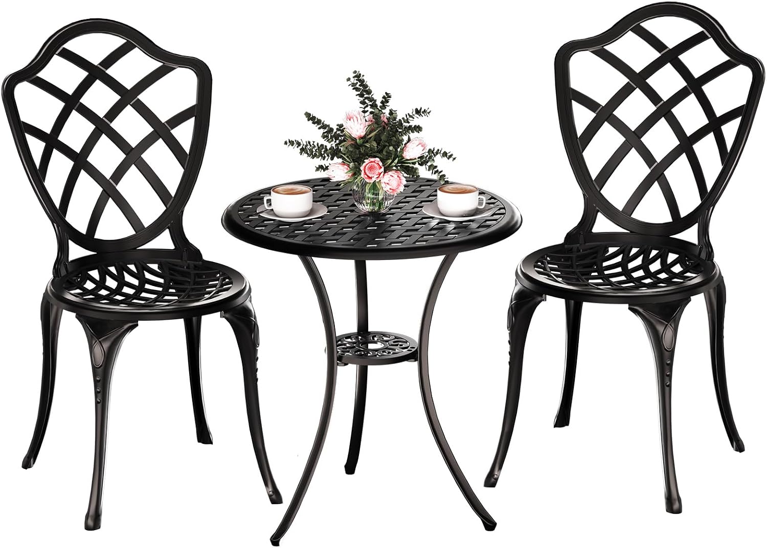3 Piece Patio Bistro Set, Outdoor Bistro Table and Chairs Set of 2 w/Umbrella Hole, Rust-Resistant Cast Aluminum Bistro Set for Garden/Balcony/Backyard, Black
