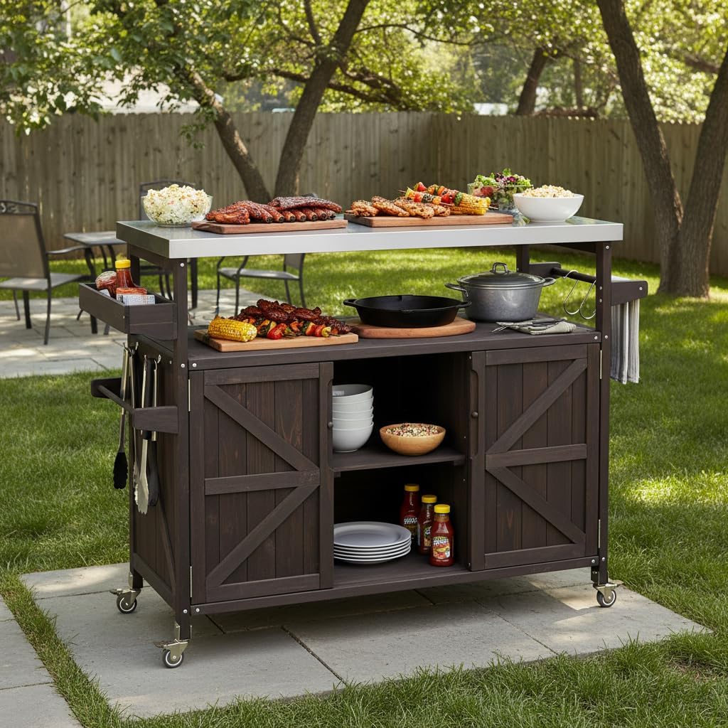 Outdoor Grill Table Bar Cart with Stainless Steel Top, Farmhouse Solid Wood Outdoor Kitchen Island with Spice Rack and Towel Rack, Rolling Island Cart for Kitchen, BBQ, Garden, Patio, Dark Brown