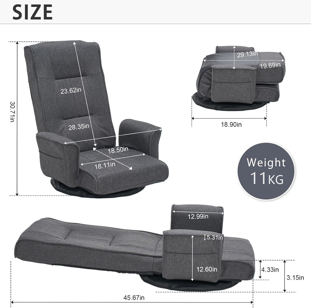 360 Swivel Gaming Chair 14-Position Adjustable Folding Floor Sofa with Armrests Lounger Bed for Home & Living Room Chaise Lounge Indoor for Adults QL201GR