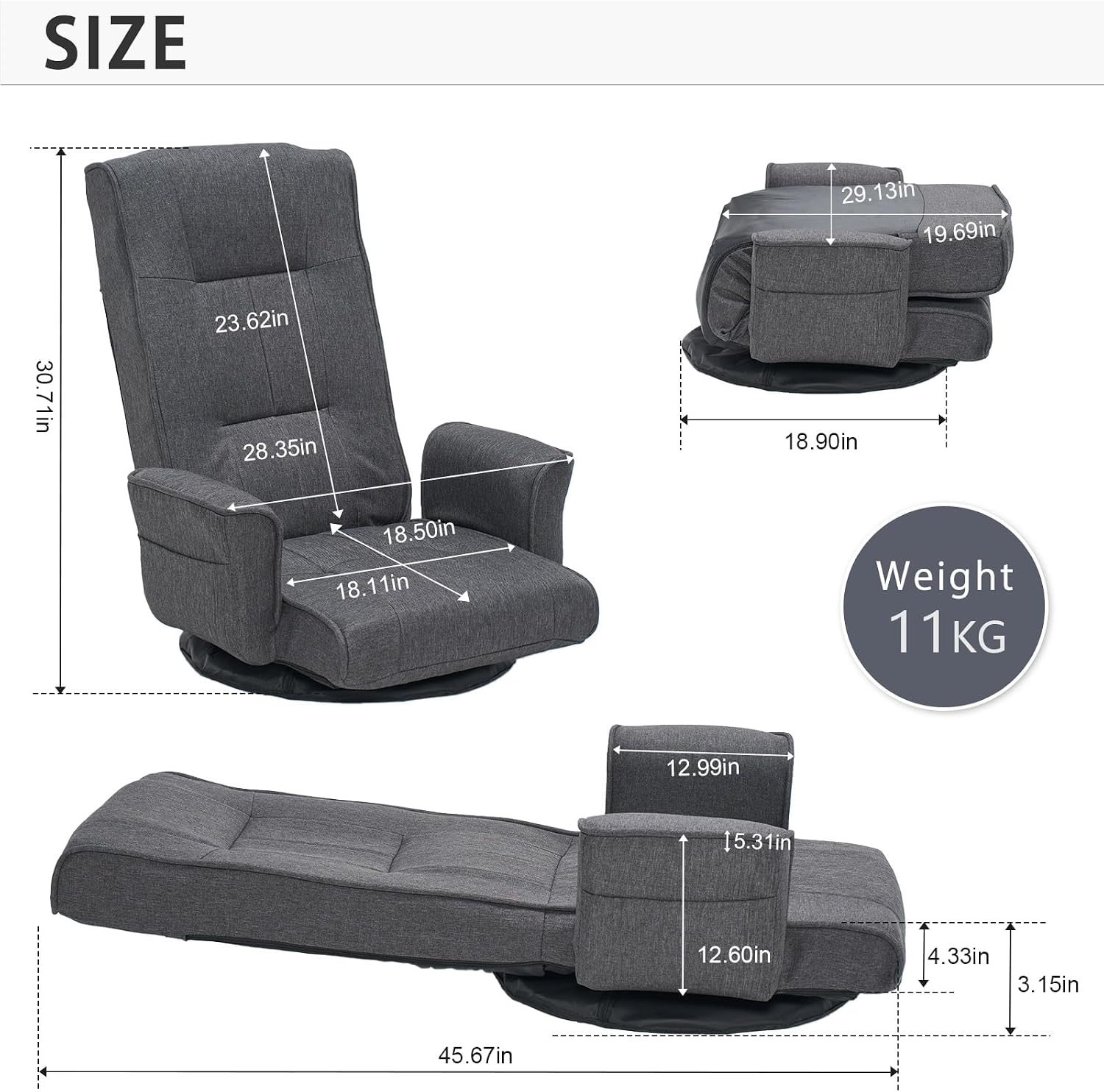 360 Swivel Gaming Chair 14-Position Adjustable Folding Floor Sofa with Armrests Lounger Bed for Home & Living Room Chaise Lounge Indoor for Adults QL201GR