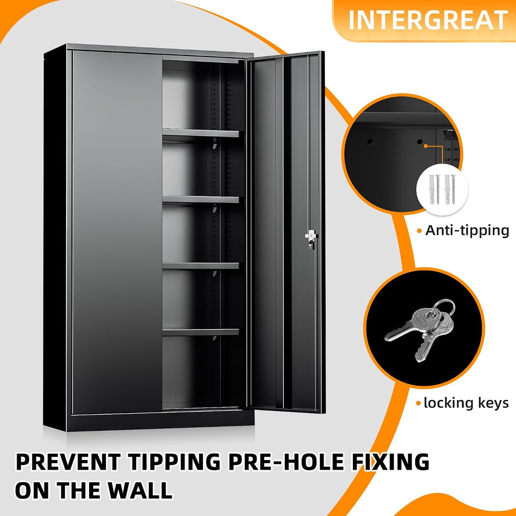 INTERGREAT Black Metal Storage Cabinet Doors, 72' Locking Steel Storage Cabinet with Shelves, Tall Metal Cabinet Lockable Steel Cabinets for Home Office, Garage