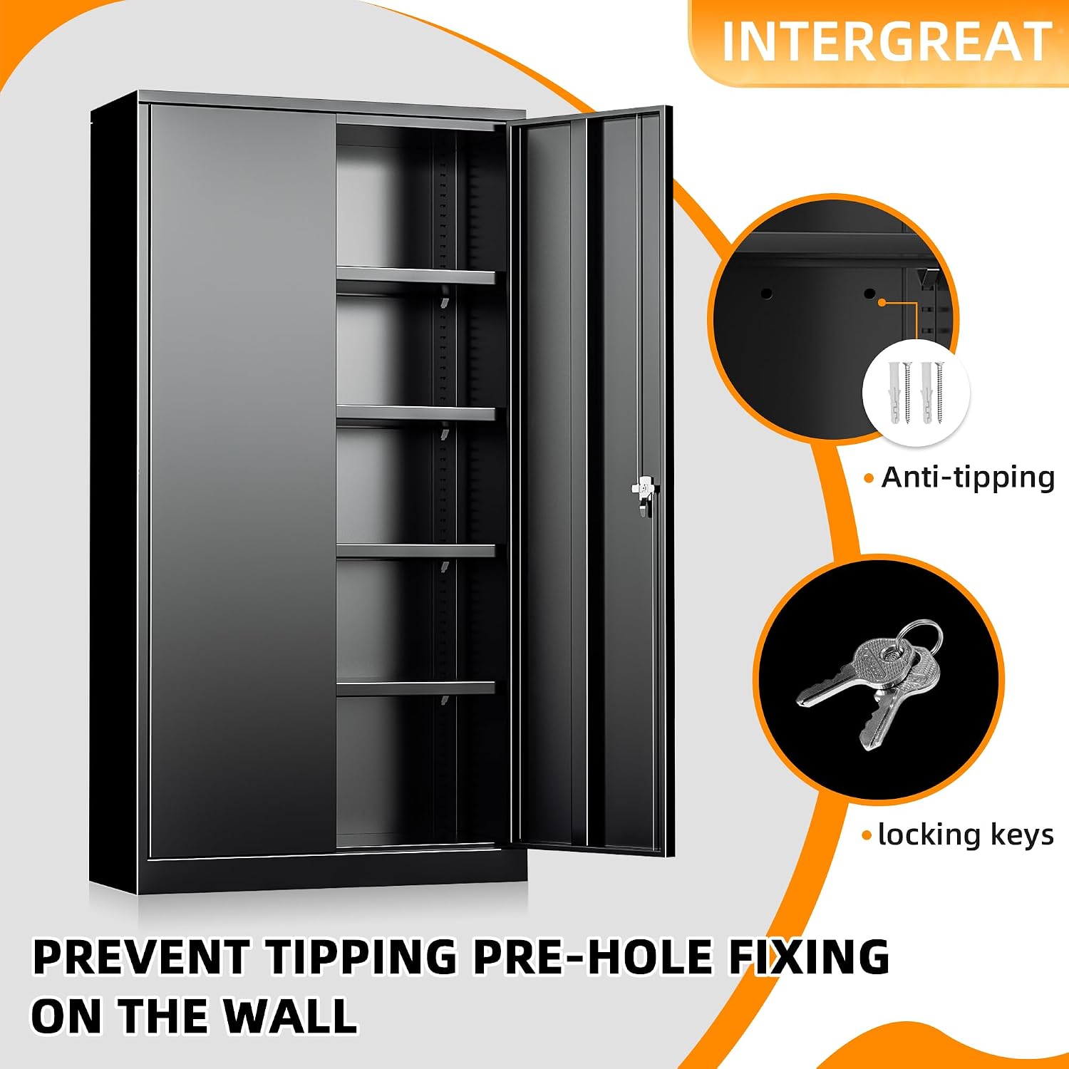 INTERGREAT Black Metal Storage Cabinet Doors, 72' Locking Steel Storage Cabinet with Shelves, Tall Metal Cabinet Lockable Steel Cabinets for Home Office, Garage