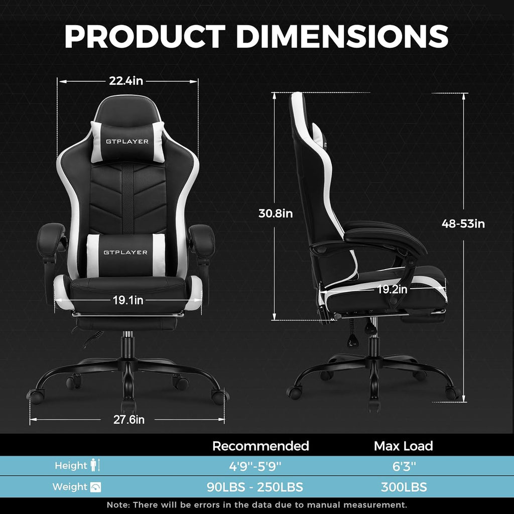 GTPLAYER Gaming Chair High Back Ergonomic Gamer Seat with Footrest and Lumbar Support Adjustable Reclining Swivel Computer Office Desk Chairs for Adults(White)