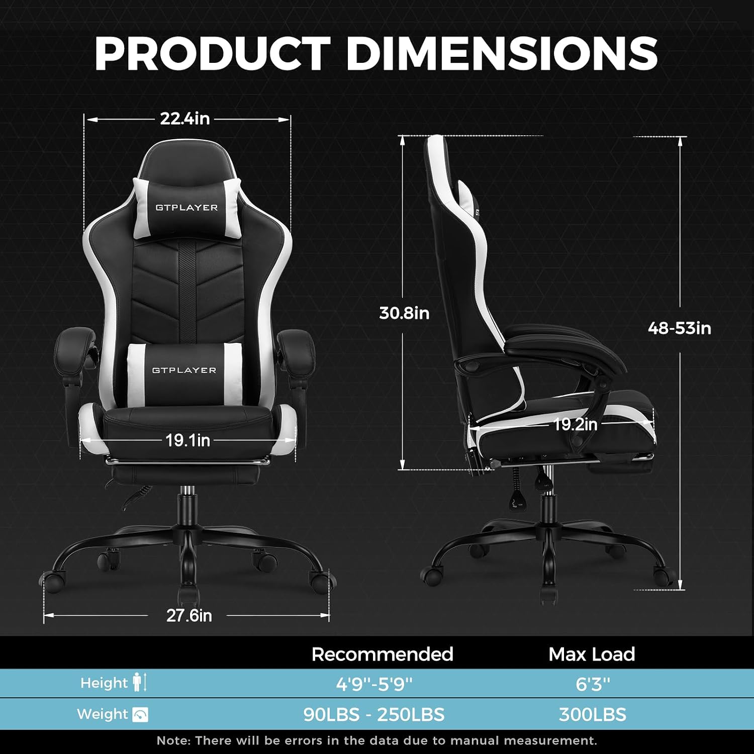 GTPLAYER Gaming Chair High Back Ergonomic Gamer Seat with Footrest and Lumbar Support Adjustable Reclining Swivel Computer Office Desk Chairs for Adults(White)