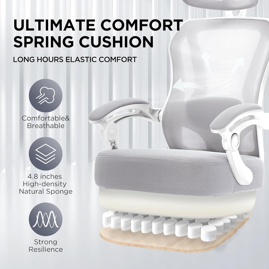 Ergonomic Office Chair with Footrest,Ultra Thick Reclining Office Desk Chair with Adjustable 2D Lumbar Support and Headrest,Spring Cushion,High Back Premium Mesh Computer Chair Office Chairs,Grey