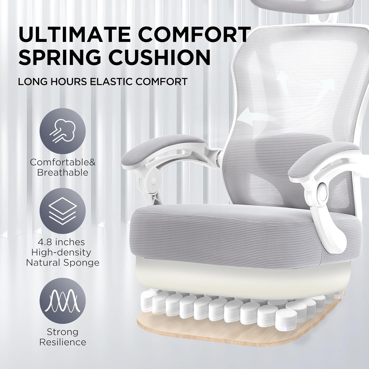 Ergonomic Office Chair with Footrest,Ultra Thick Reclining Office Desk Chair with Adjustable 2D Lumbar Support and Headrest,Spring Cushion,High Back Premium Mesh Computer Chair Office Chairs,Grey