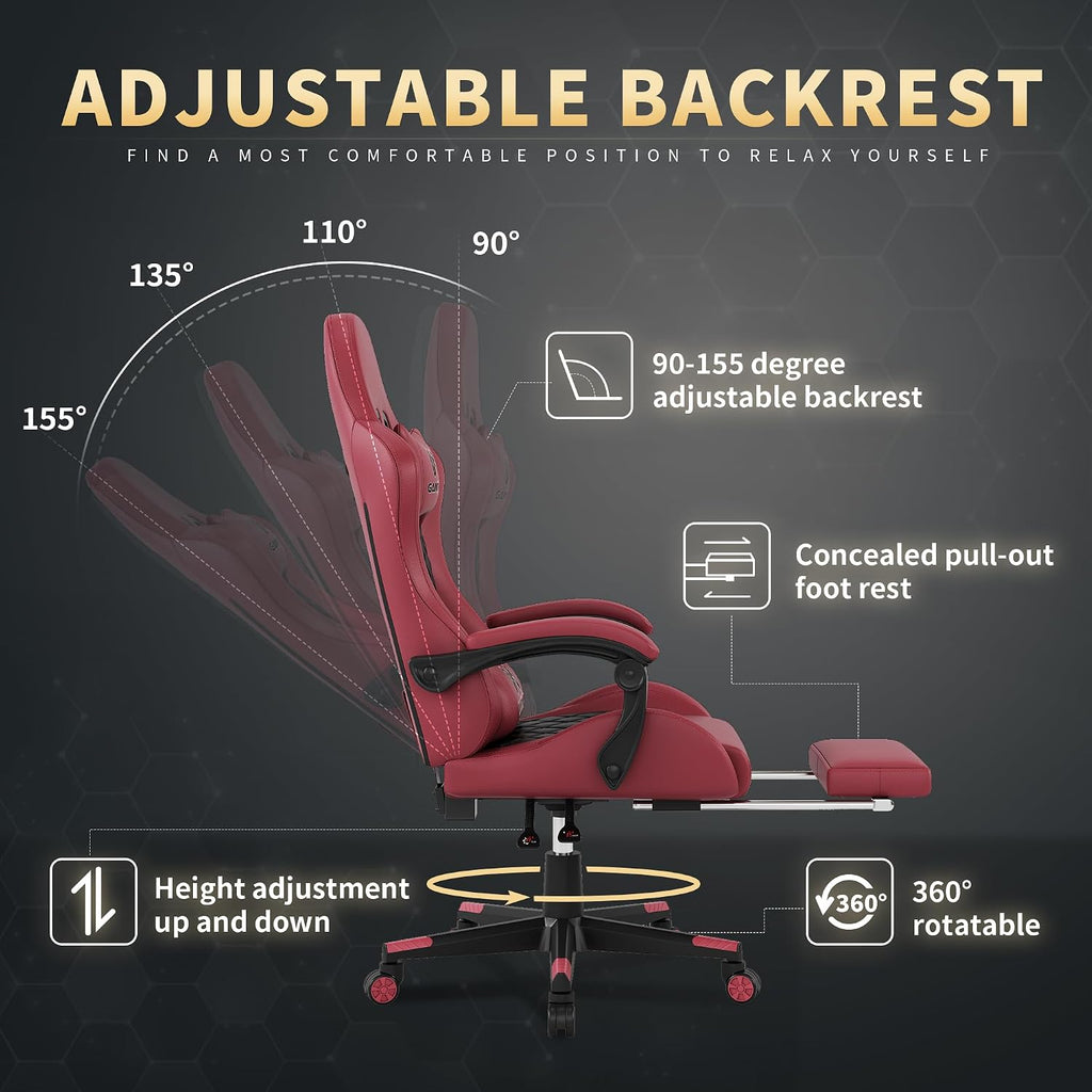 Gaming Chair,Computer Chair with Footrest and Lumbar Support,Breathable PU Leather,4D Lumbar Support and Headrest,360 Degree Swivel Chair with Adjustable Ergonomic Backrest for Adults(RED)