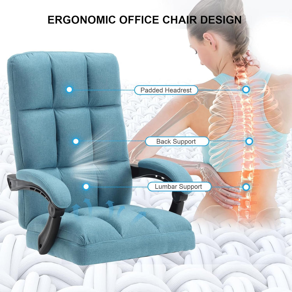 Erogonomic Reclining Office Chair with Footrest, High Back Fabric Cute Comfortable Recliner Office Desk Chair with Leg Foot Rest for Women,Blue