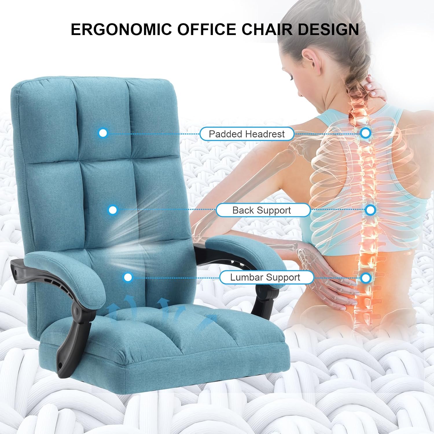 Erogonomic Reclining Office Chair with Footrest, High Back Fabric Cute Comfortable Recliner Office Desk Chair with Leg Foot Rest for Women,Blue