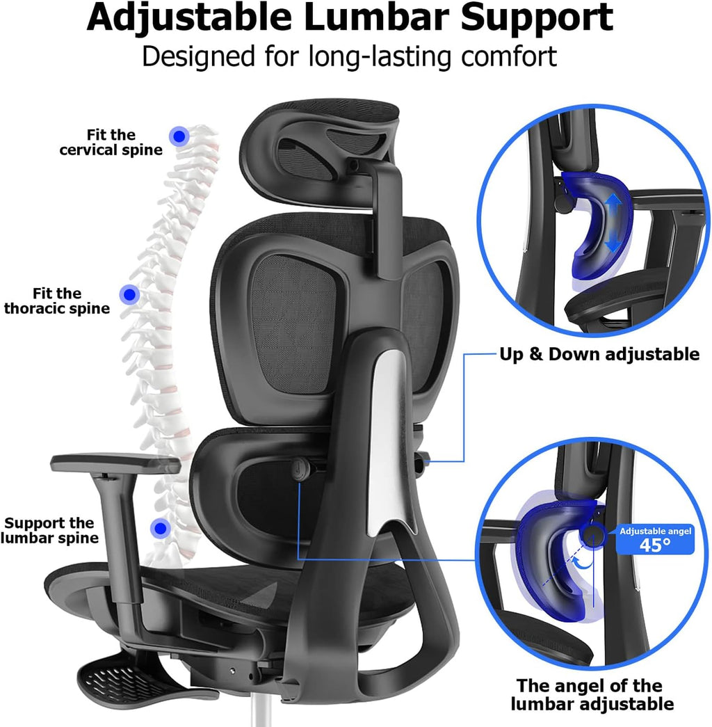 PatioMage Ergonomic Office Chair with Footrest, Big and Tall Desk Chair with Adjustable Lumbar Support, Seat Depth & 3D Armrests, High Back Mesh Computer Chair for Home Office, Black