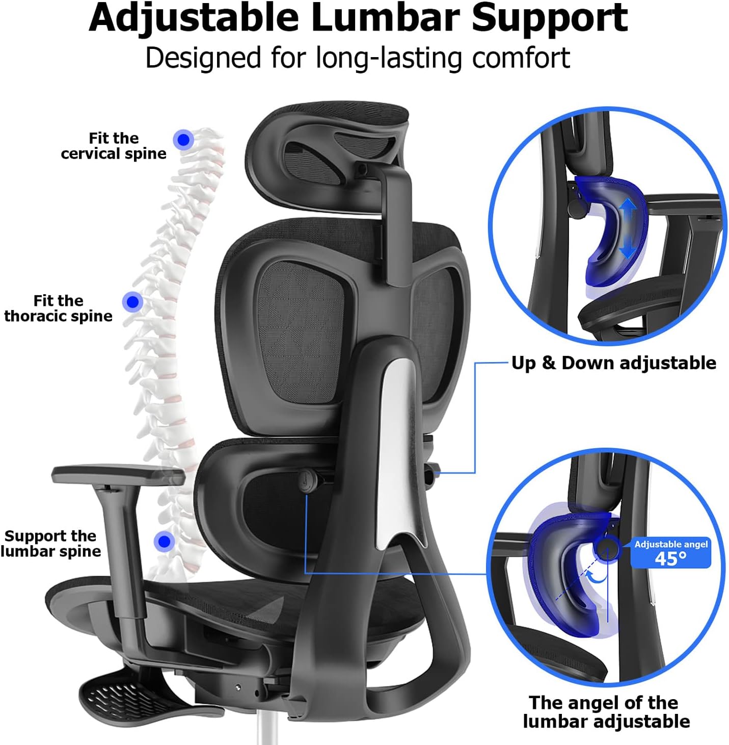 PatioMage Ergonomic Office Chair with Footrest, Big and Tall Desk Chair with Adjustable Lumbar Support, Seat Depth & 3D Armrests, High Back Mesh Computer Chair for Home Office, Black