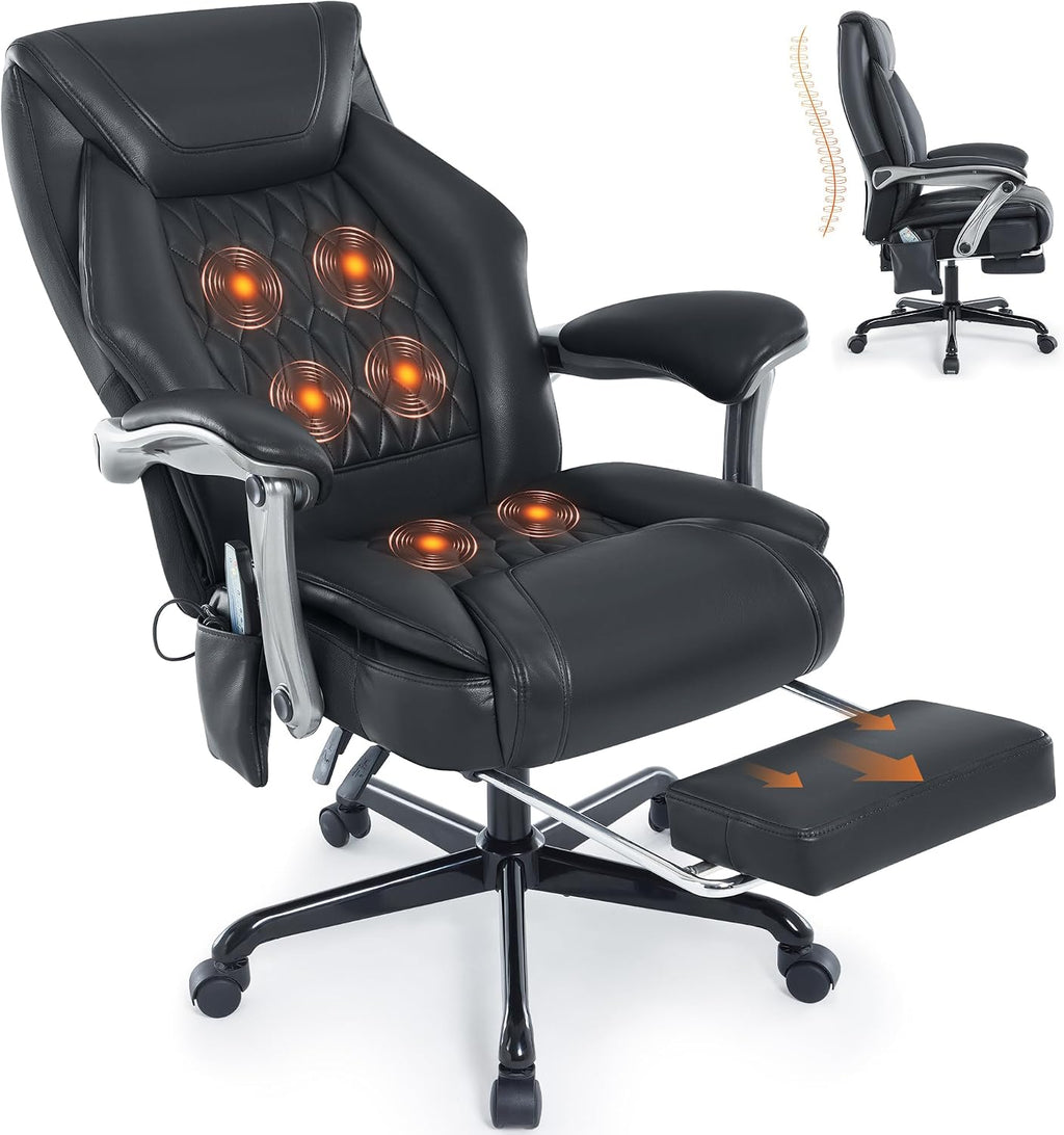 Massage Office Chair with Heat & Footrest, Ergonomic Reclining Executive Desk Chairs with 6-Point Vibration, PU Leather Computer Chair for Home Office or Gaming
