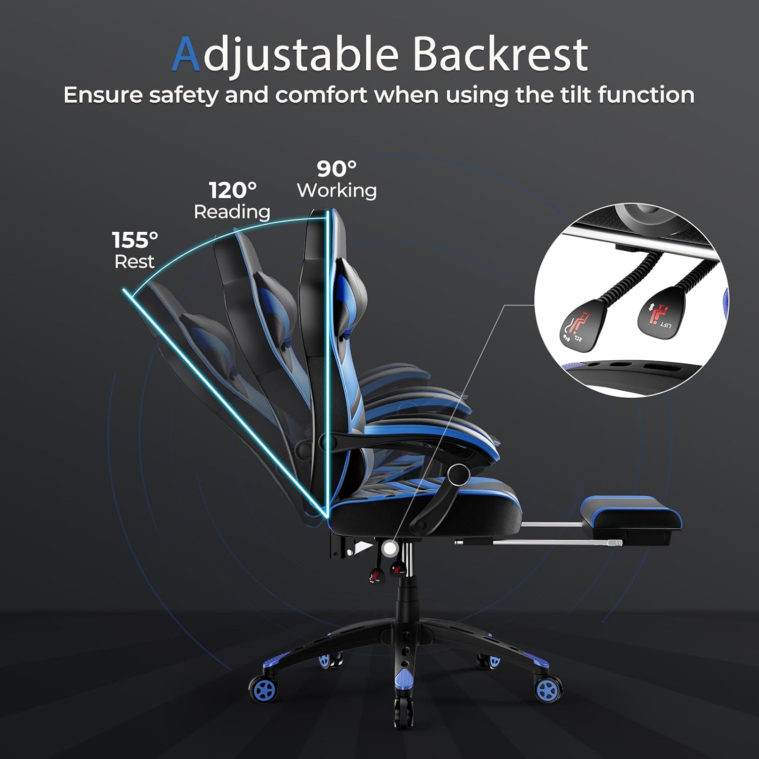 POWERSTONE Gaming Chair Video Game Chair with Footrest and Lumbar Support Racing Style PU Leather Computer Chair Ergonomic Adjustable Swivel Task Chair Blue