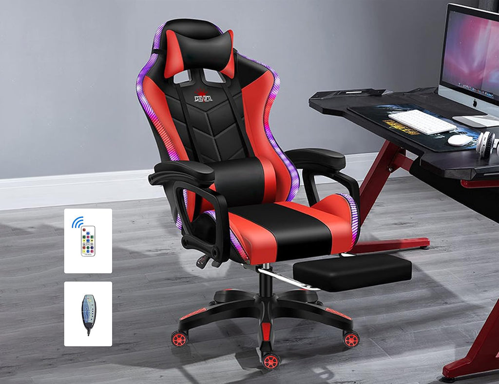 Ergonomic Pro Gaming Chair with LED Lights and Speakers, Video Game Chair with Massage and Footrest, High Back Computer Chair with Lumbar Support and Headrest, Adjustable Height, for Adult Teens.,Red