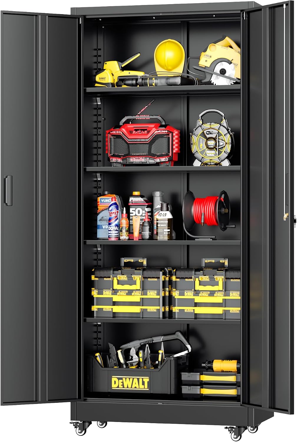 Greenvelly Metal Storage Cabinet with Wheels, 73' Black Lockable Rolling Storage Cabinets with Doors and 4 Adjustable Shelves, Large Steel Cabinet for Garage, Office, Home, School