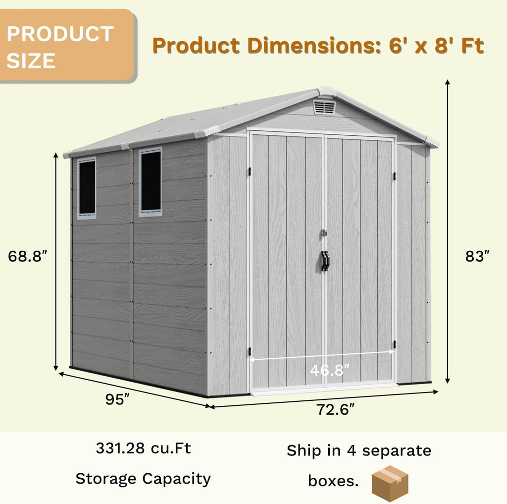 Devoko 6x8 FT Plastic Storage Shed, Waterproof Tool Storage Shed with Lockable Door and Window for Patio, Garden, Backyard, Light Gray