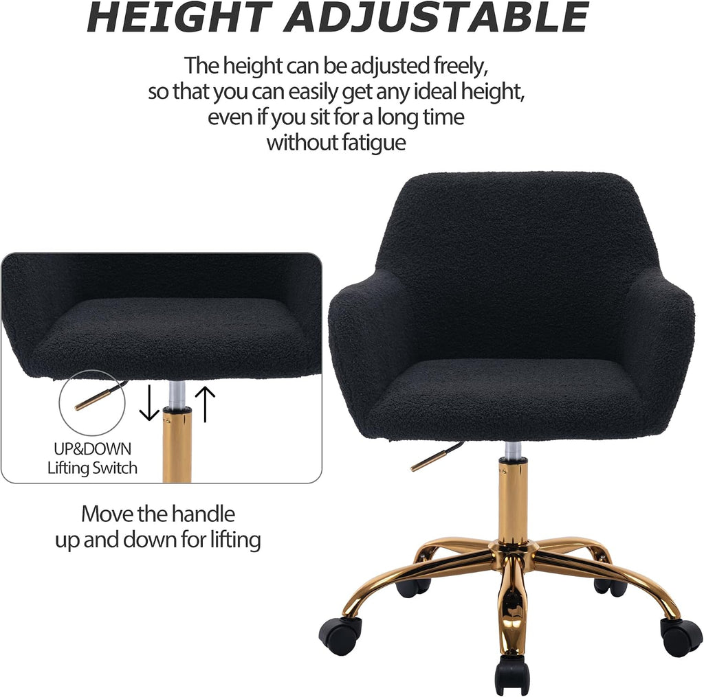KCC Faux Fur Office Desk Chair, Comfy Swivel Armchair with Wheels, Upholstered Fuzzy Vanity Chair, Adjustable Seat Height, Black