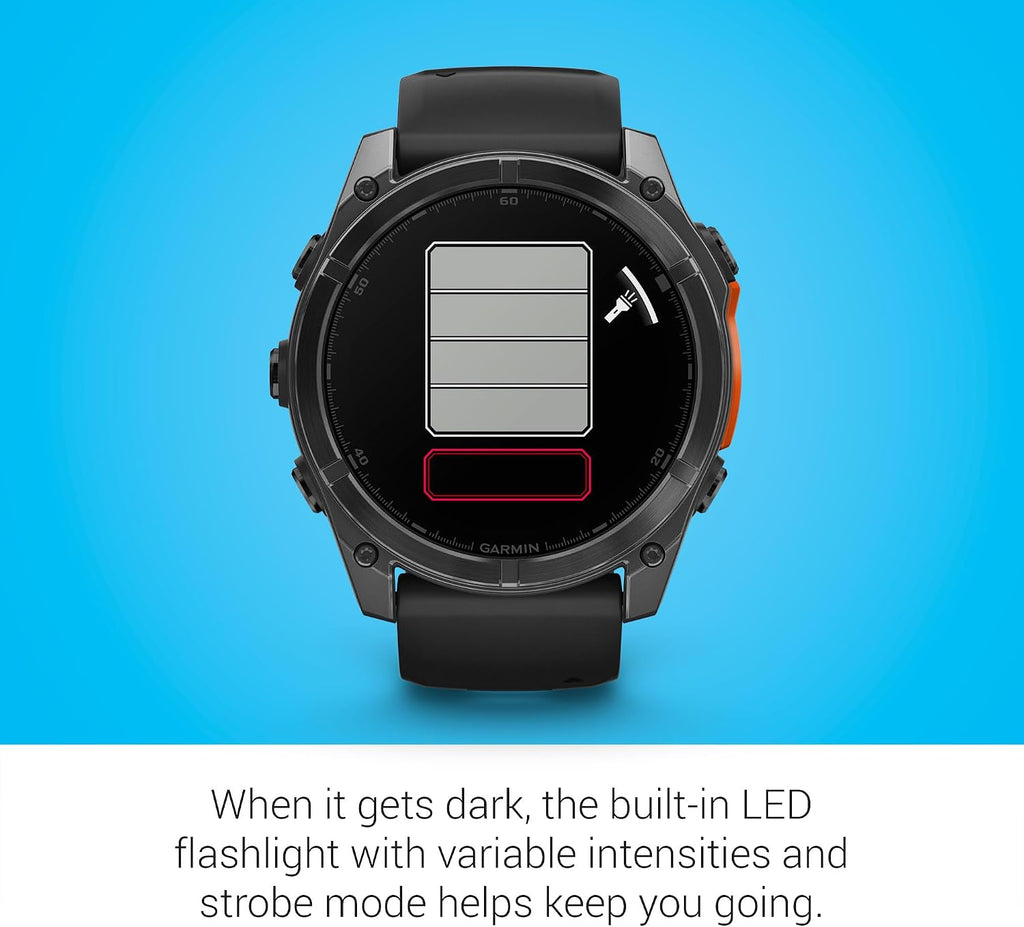 Garmin Fenix 8 Premium Multisport GPS Running Smartwatch, 51 mm | AMOLED, Dive-Rated, Built-in Flashlight | Slate Gray with Black Band with Signature Series Charging Stand