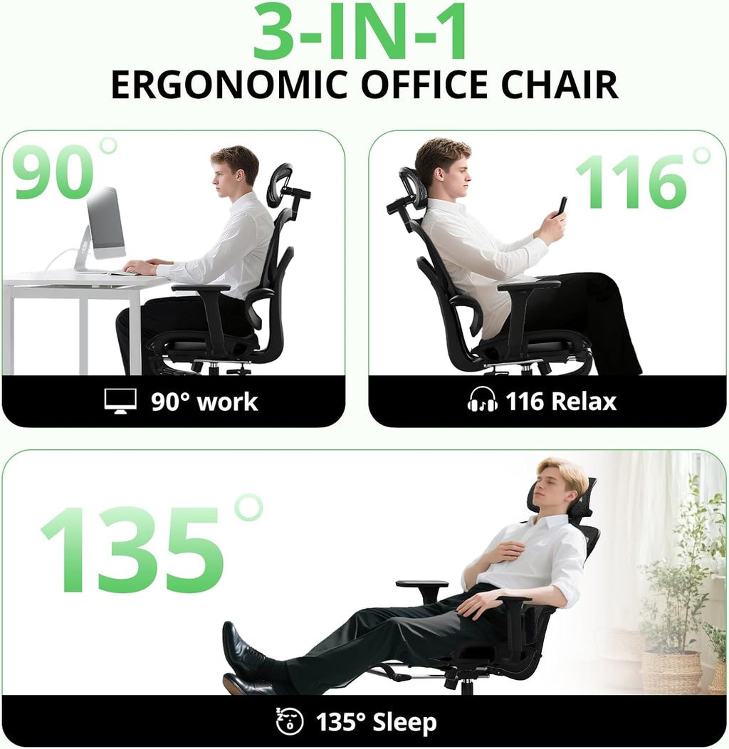 Synorla Ergonomic Office Chair with Footrest, Mesh Desk Chair with 135° Recline, Adjustable Lumbar Support, 3D Armrests and Headrest, Swivel Computer Chair for Home Office
