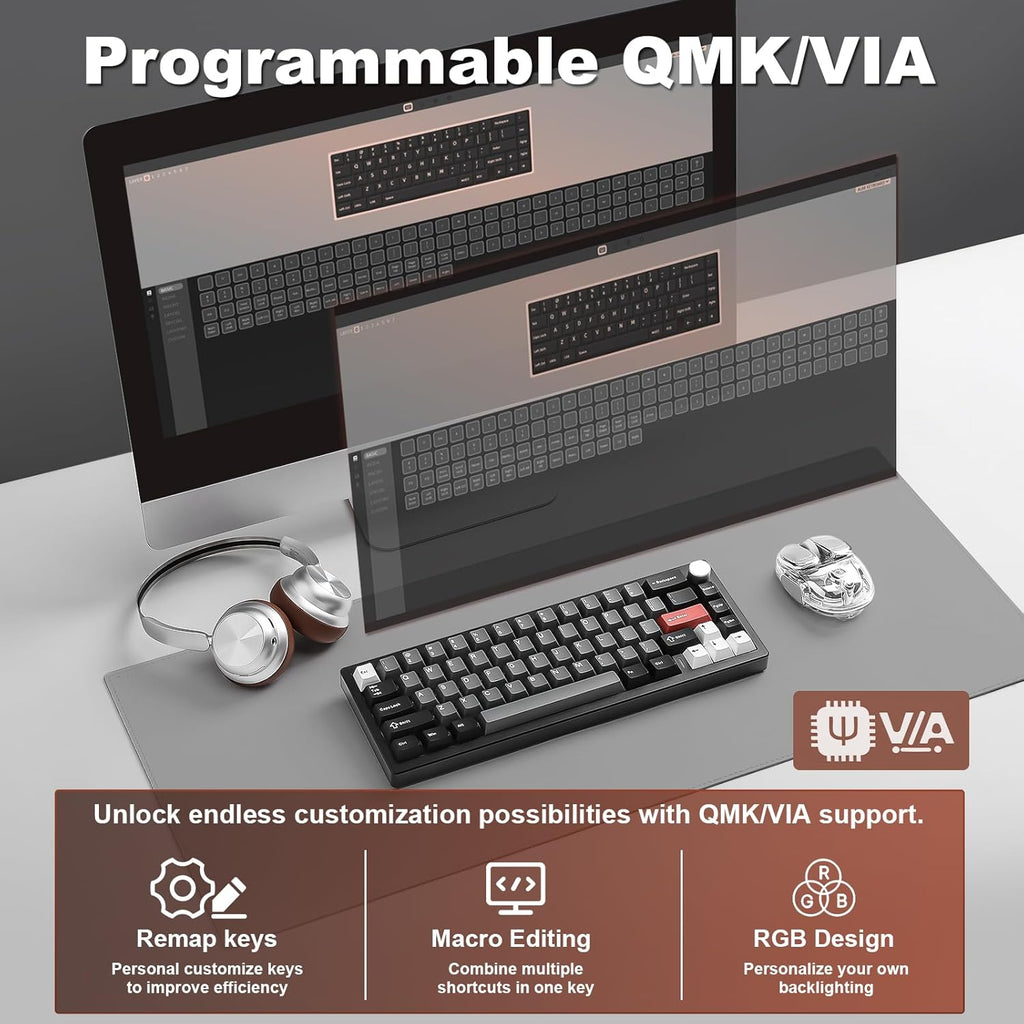 YUNZII AL68 Wireless Mechanical Keyboard,Full Aluminum CNC,60% Layout with Knob, QMK/VIA Software,Gasket Mounted,Hot Swappable,RGB Backlit,BT/2.4G/USB-C for Mac/Win (Black, Cocoa Cream V2)