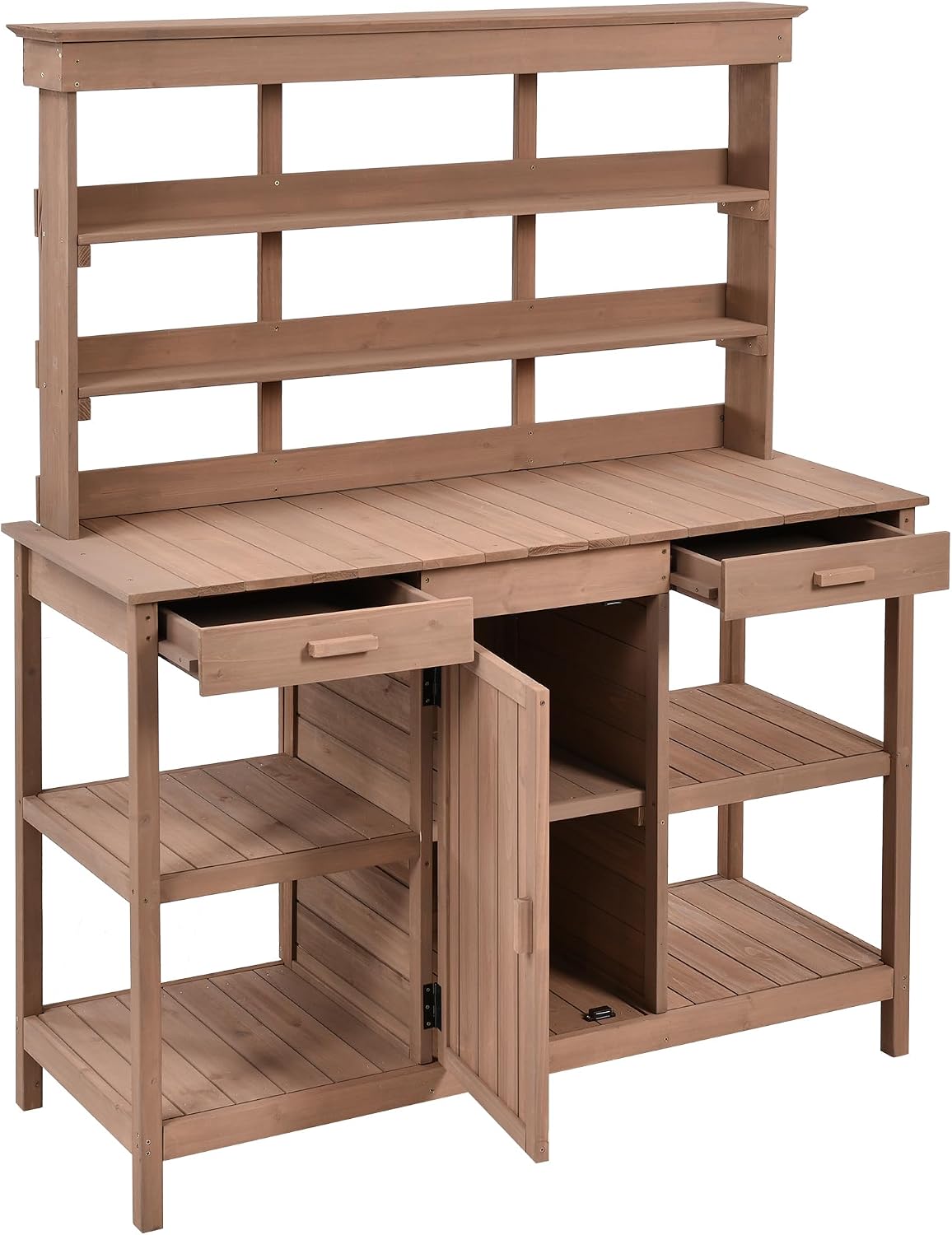 Outdoor Potting Bench Table, Farmhouse Wooden Garden Workstation with 2 Drawers, Cabinet and Open Shelves for Backyard, Mudroom, Brown