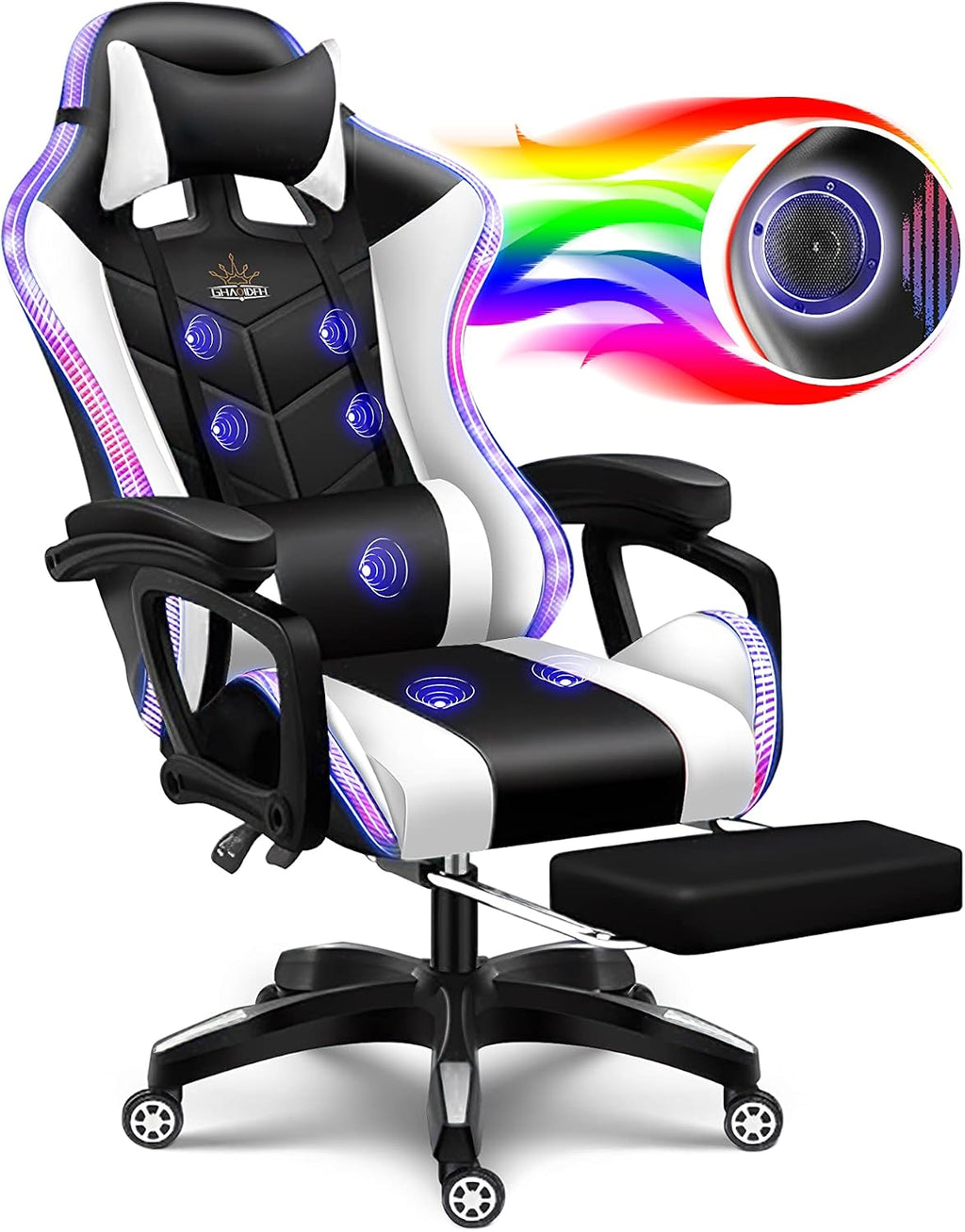 Gaming Chair with LED Lights and Speakers, Music Video Chair for Adults with Massage and Footrest, Ergonomic Chair with Headrest and Lumbar Support, Maximum Load 150KG. (Black+White)
