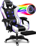 Gaming Chair with LED Lights and Speakers, Music Video Chair for Adults with Massage and Footrest, Ergonomic Chair with Headrest and Lumbar Support, Maximum Load 150KG. (Black+White)