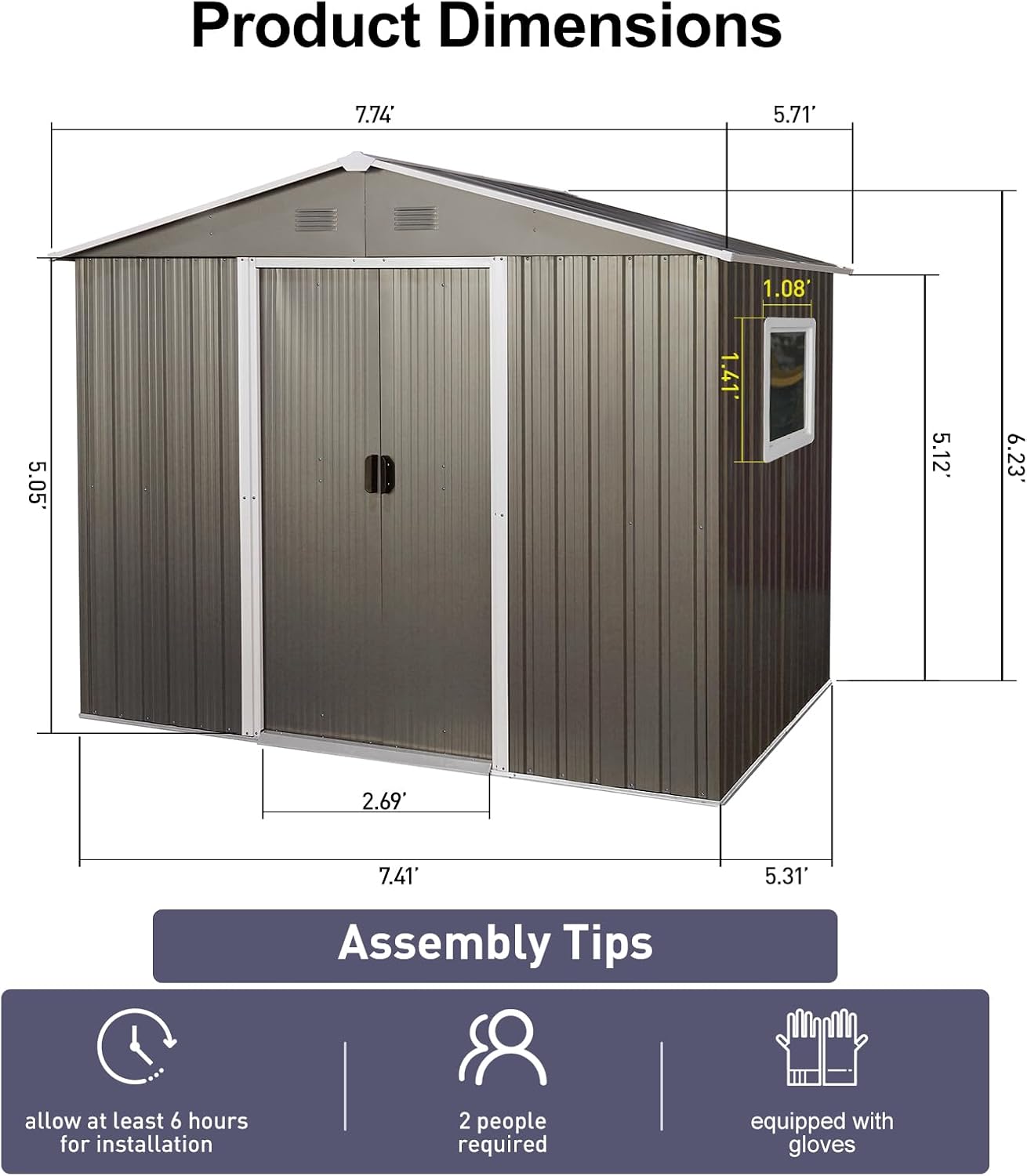 KEIKI 8x6 FT Outdoor Metal Storage Shed with Peaked Roof,Vents,Window and Metal Foundation for Garden Yard Lawn