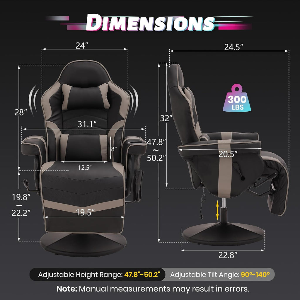 Game Reclining Chair with Adjustable Height, PU Gaming Chair with Massage, Long Footrest and Lumbar Support, High Back Swivel Computer Game Chair for Adult (Gray)