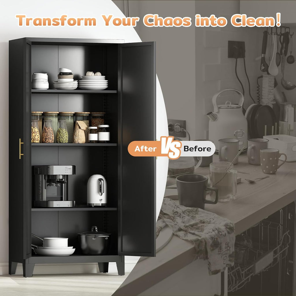 Zevemomo 61' H Metal Kitchen Pantry Cabinet, Freestanding Cupboard with 2 Doors and 3 Adjustable Shelves, Tall Metal Storage Cabinet for Kitchen, Bathroom, Dinning Room or Laundry Room （Black）