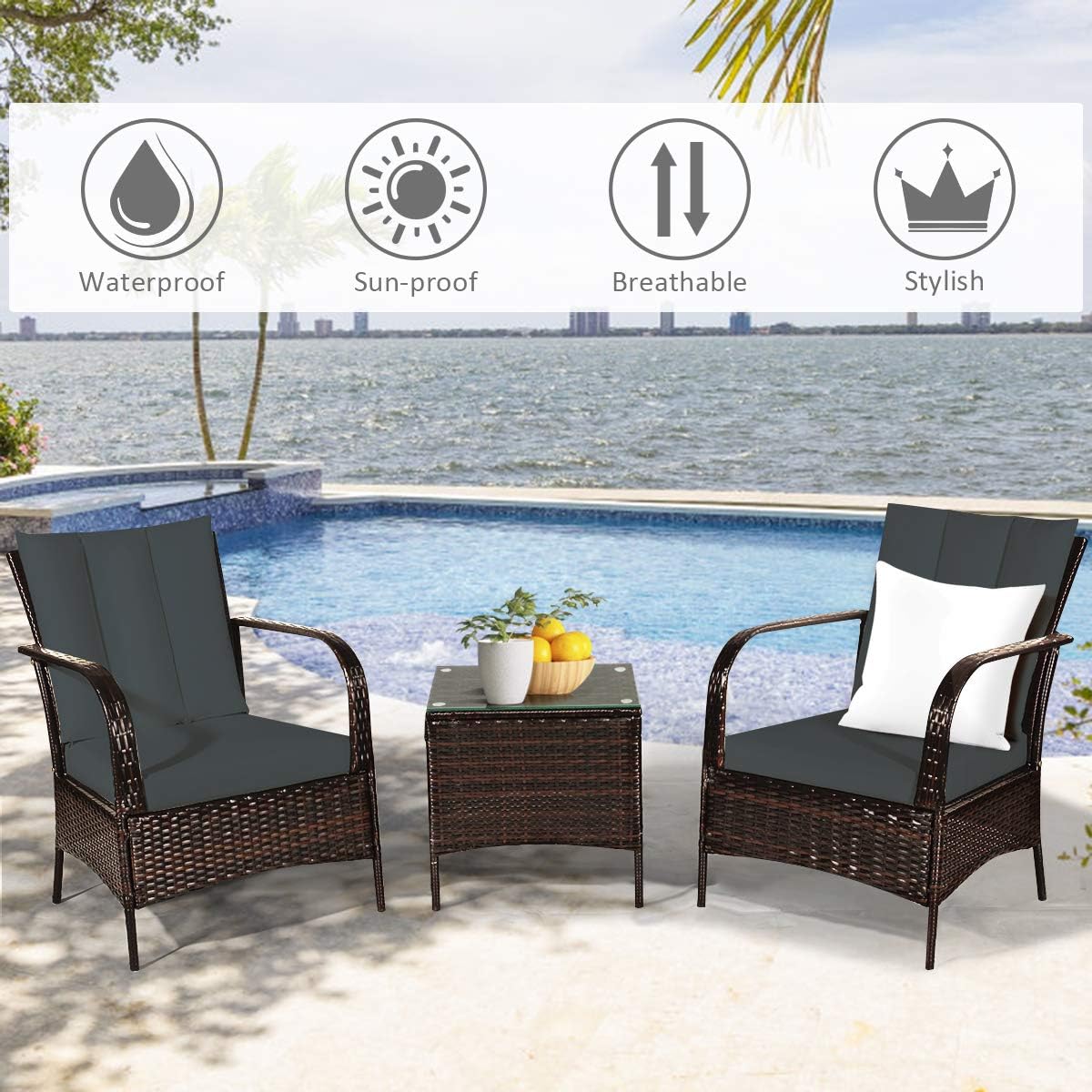 COSTWAY 3 Pieces Patio Rattan Furniture Set, Outdoor Conversation Chair Set with Coffee Table & 2 Cushions for Backyard, Porch, Poolside, Lawn, Garden, Grey