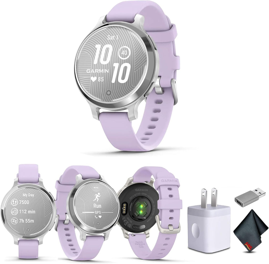 Garmin Lily 2 Active Small and Stylish Smartwatch Up to 9 Days Battery Life Built-in GPS Hidden Display Patterned Lens Purple Jasmin 010-02891-01 Health and Fitness Smart Watch Bundle for Women