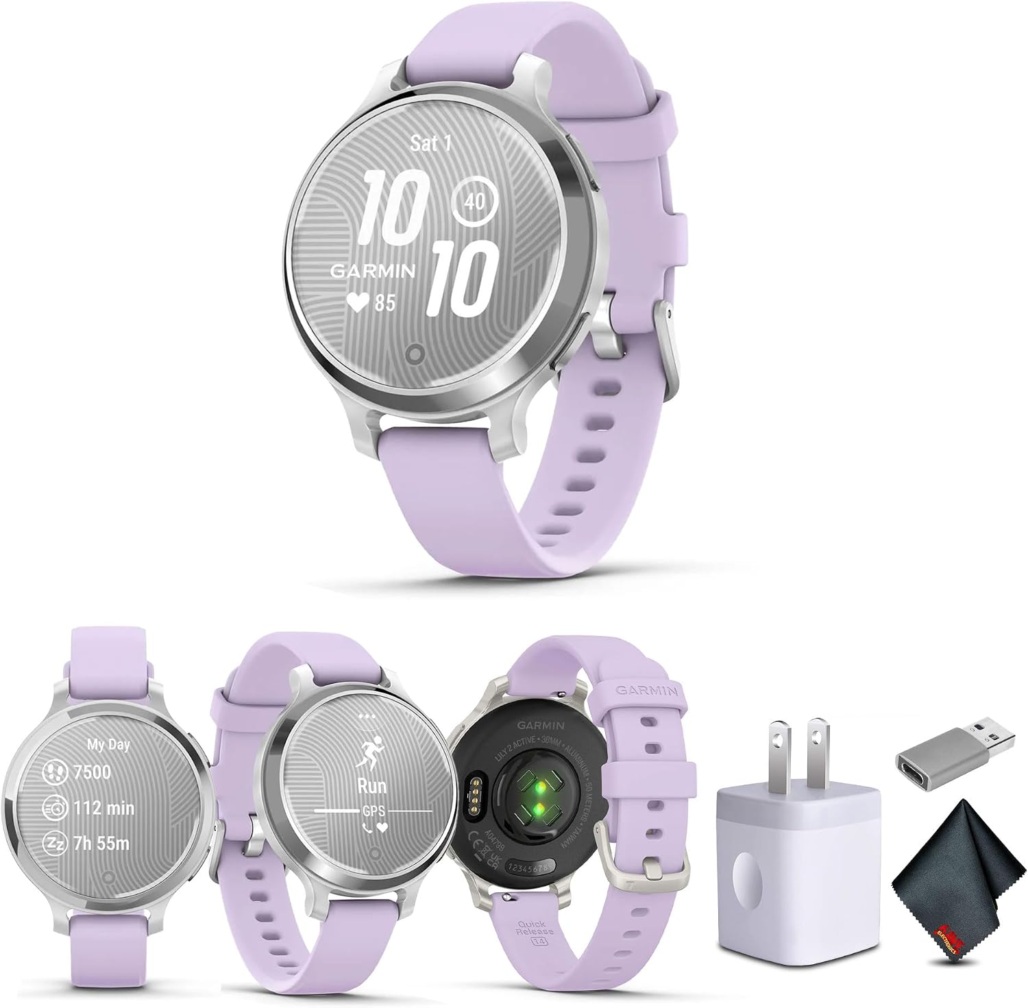 Garmin Lily 2 Active Small and Stylish Smartwatch Up to 9 Days Battery Life Built-in GPS Hidden Display Patterned Lens Purple Jasmin 010-02891-01 Health and Fitness Smart Watch Bundle for Women